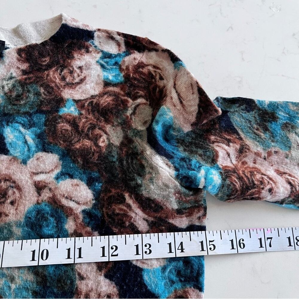 Talbots Petite Floral Rose Print Wool Pullover Sweater | Brown & Teal Pullover - Picture 4 of 7